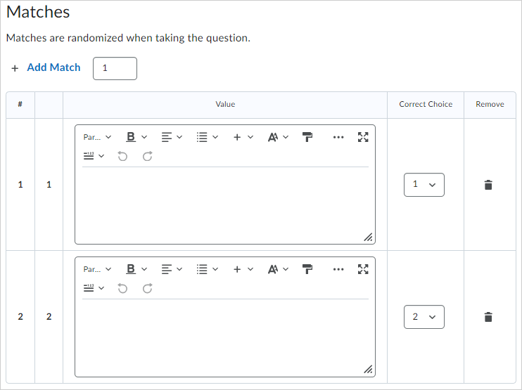 The Matches area of the New Matching Quesiton page.