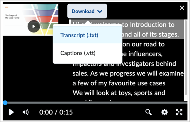 The Download option displaying the Transcript and Captions download options.