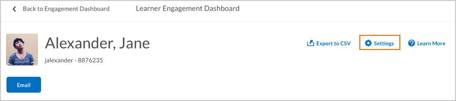 The Settings button on the  Learner Engagement Dashboard.