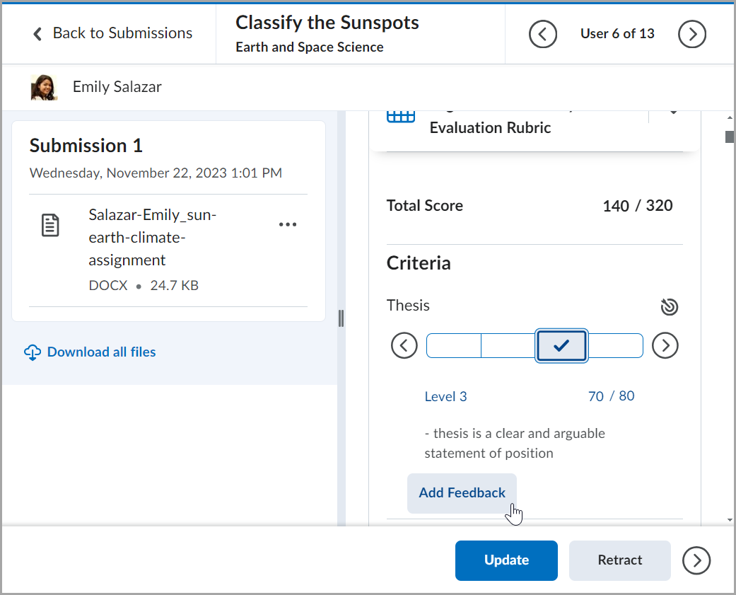 A selected assessment level and the Add Feedback button