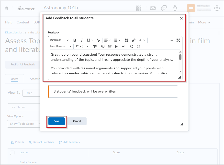 Add Feedback to all students window in Brightspace with feedback text entered and 'Save' button highlighted.