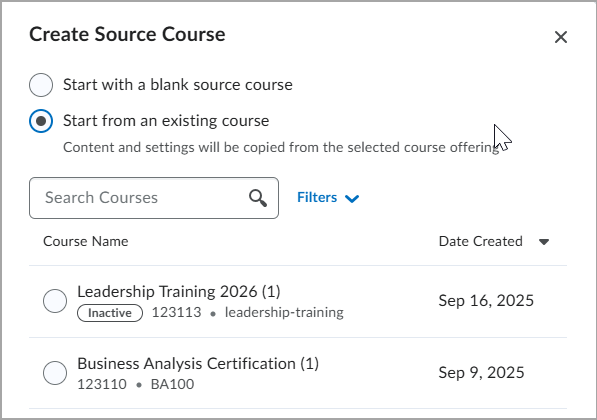 In the Create Source Course dialog the Start from an existing course option is selected and a list of courses appears