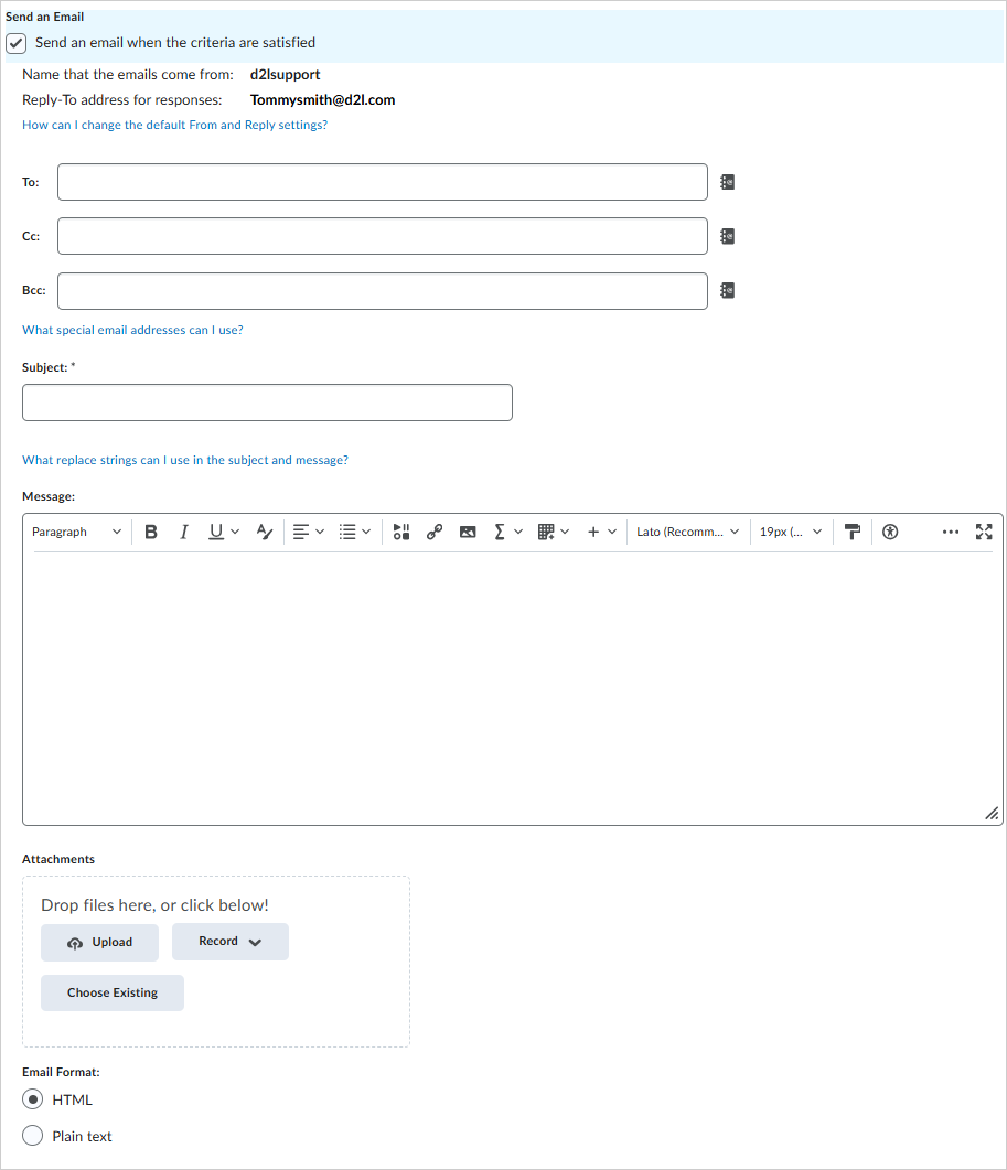 La section Envoyer un courriel de la page Nouvel agent.