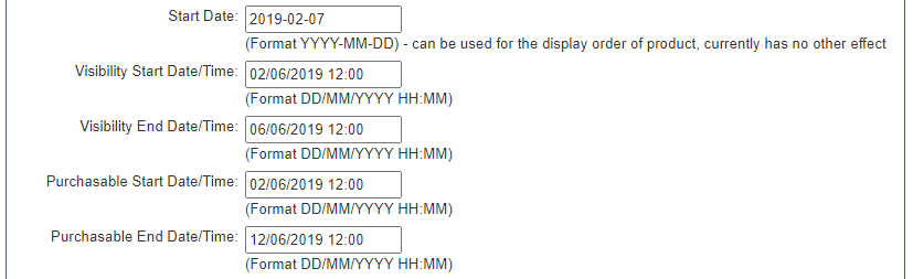 The Visibility and Purchasable fields with start and end dates and times