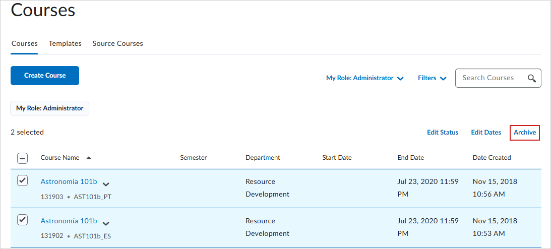 The Courses tab of the Courses page. Two courses are selected. The Delete option is emphasized.