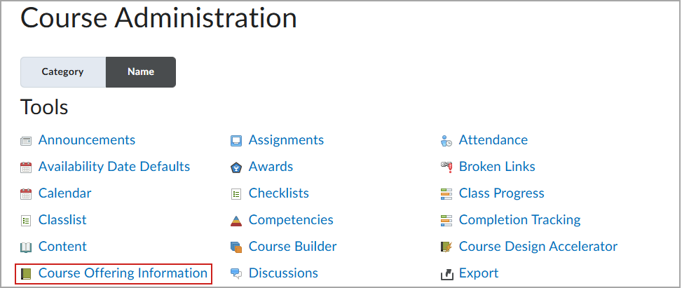 Página Administração do Curso com as informações da Oferta de curso destacadas