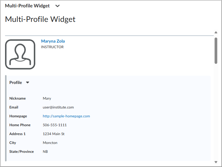 Multi-Profile widget configuration showing the option to display profile fields as a collapsible panel.