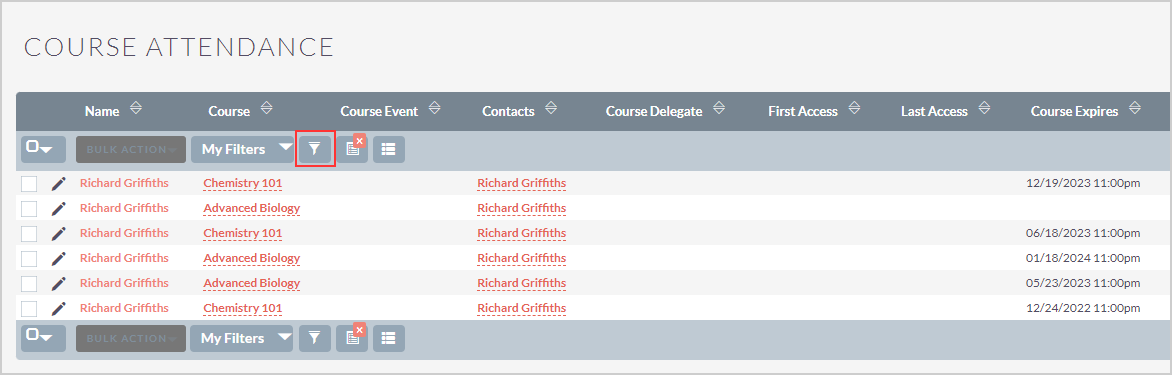 The Filter icon in the Course Attendance module.