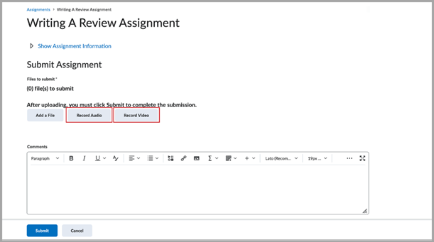 The Submit Assignment page with the Record Audio and Record Video options highlighted