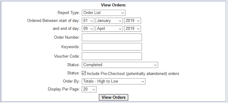 The search filter options for viewing orders with the View Orders button below