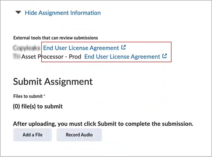 End User License Agreement links appear on the Assignment submission page