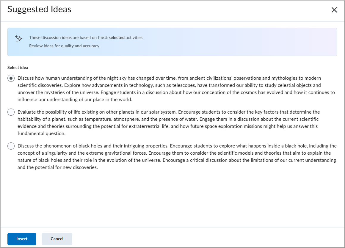 The Prompt Ideas dialog with three generated ideas