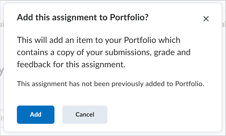 The Add this assignment to Portfolio? dialog showing the Add button