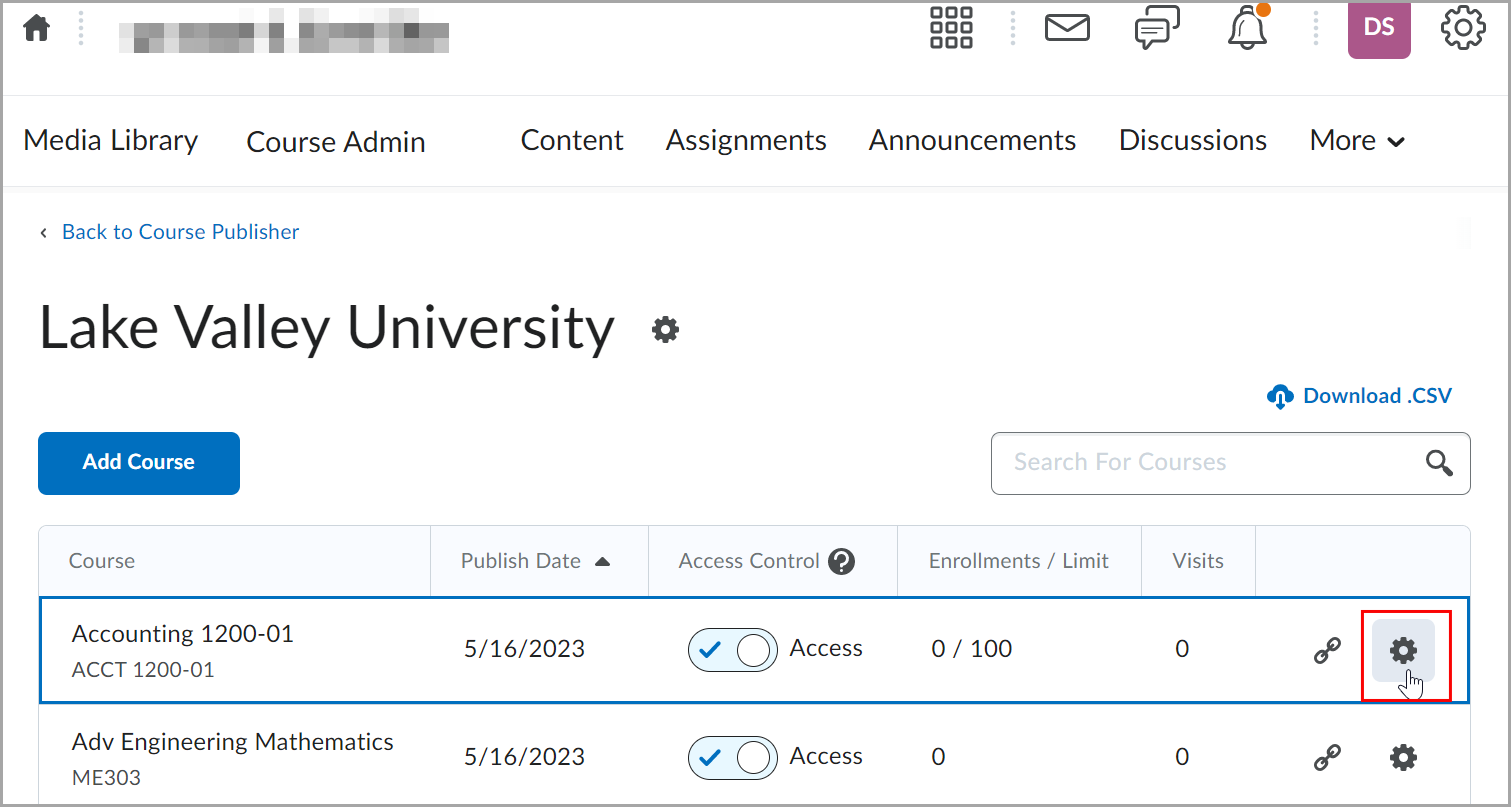 A página da lista do Publicador de cursos com o ícone Configurações (engrenagem) destacado