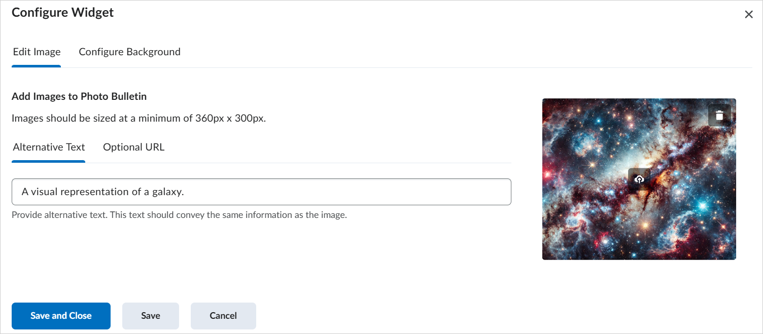 The Edit image options of a background image in Photo Banner widget.