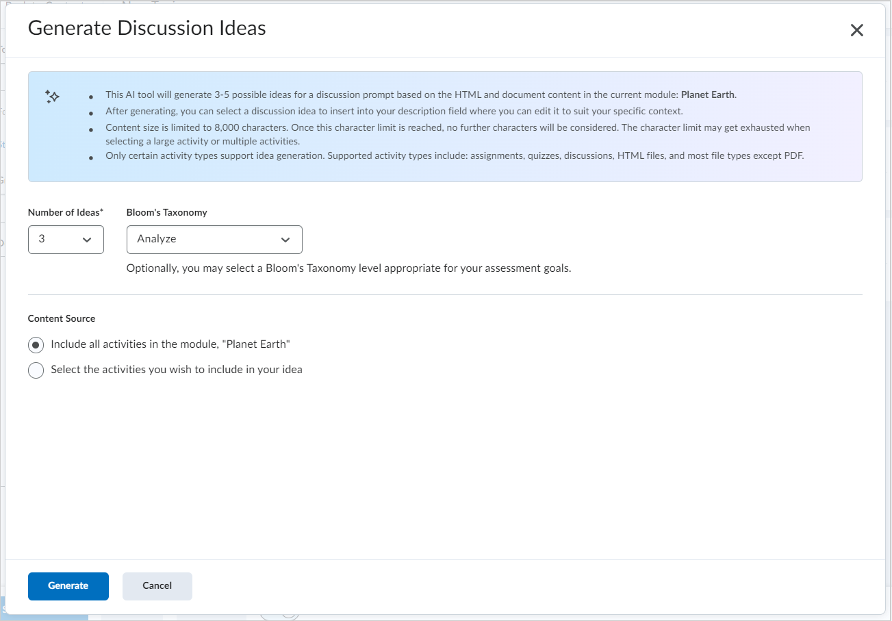 The Number of Ideas drop-down menu, the Bloom's Taxonomy level drop-down, and the options for selecting a Content Source.