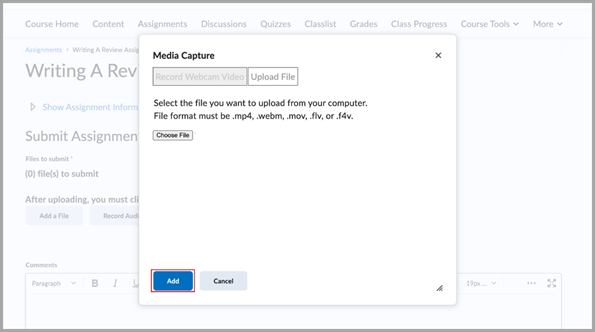 The Media Capture dialog with the Add option highlighted