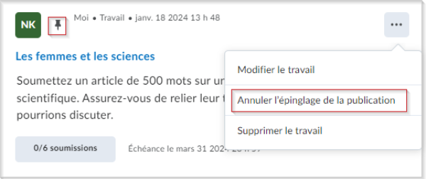 Le menu Options comprend l'option Annuler l'épinglage de la publication. L'icône d'épingle est également visible par l'utilisateur.