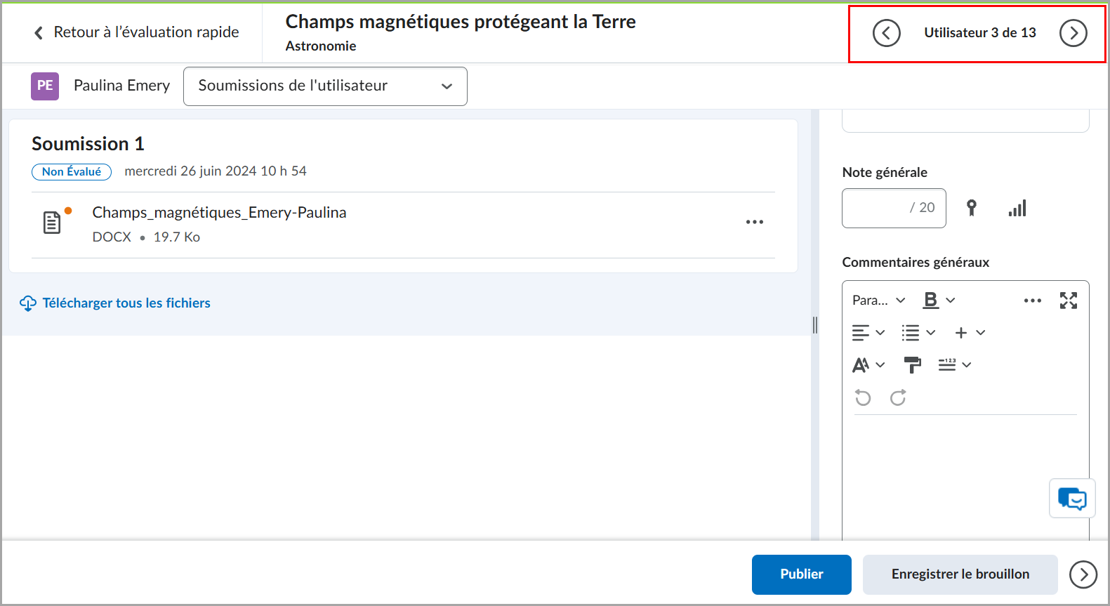 L'activité Évaluation rapide s'ouvre et comporte des flèches orientées vers l'avant et vers l'arrière permettant de parcourir les élèves afin de les évaluer.