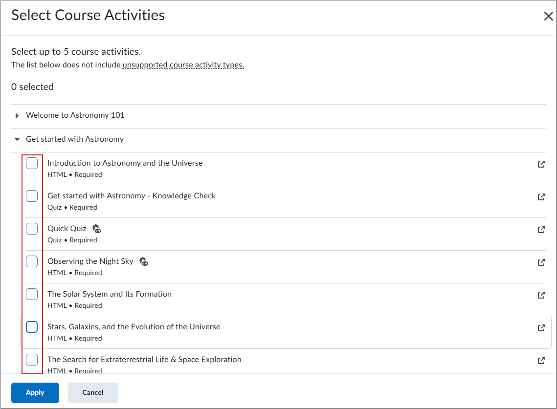 مربع الحوار “تحديد أنشطة المقرر التعليمي” مع عرض قائمة بالأنشطة المتوفرة.