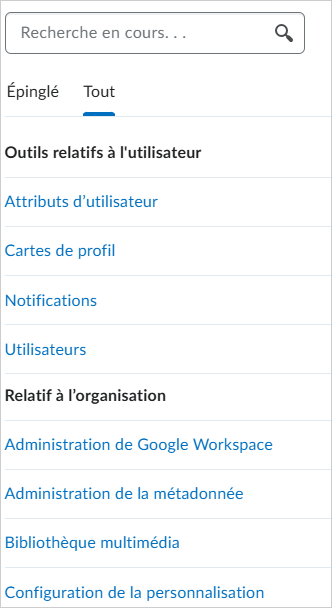 L'onglet Épinglé(s) du nouveau menu Outils d'administration.
