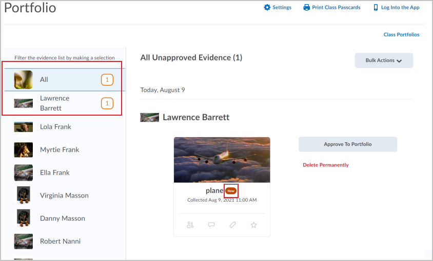 From the Approval page, the New icon on a piece of newly submitted evidence and a numeric value on a learner name, indicating the number of unapproved pieces of evidence