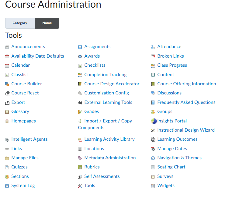 The Name tab of the Course Administration page.