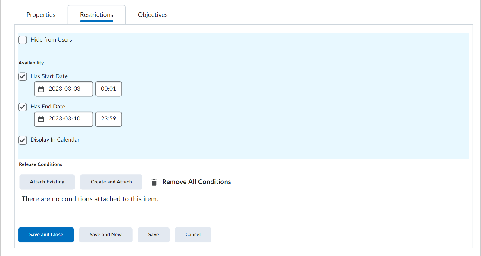 The Restrictions tab showing the Attach Existing and Create and Attach options for release conditions