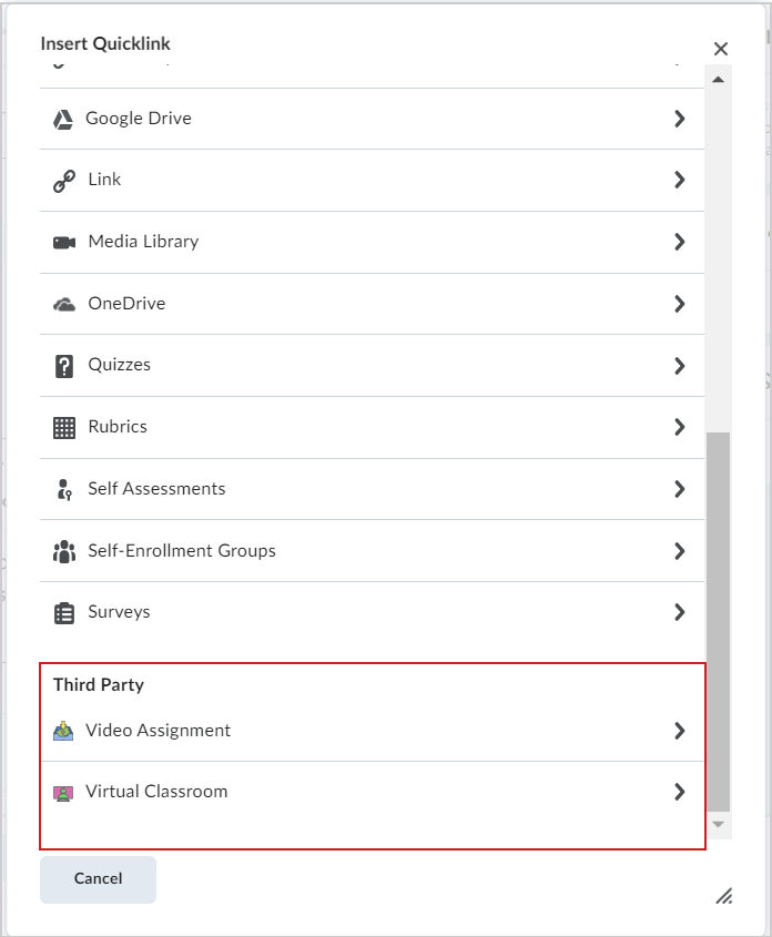 The Insert Quicklink dialog showing the Third Party section with third party tools