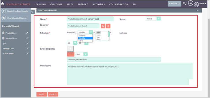 The input fields in the Scheduled Reports