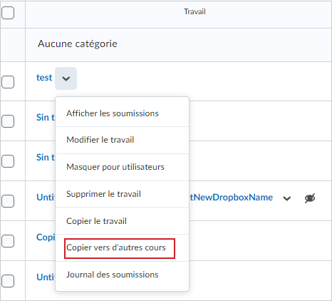 L’option « Copier vers d’autres cours » apparaît dans le menu contextuel du travail.