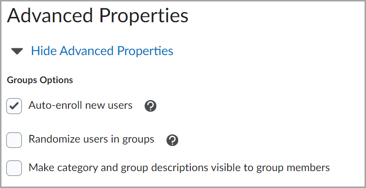 A seção Propriedades avançadas com três opções: Inscrição automática de novos usuários (marcada), Randomizar usuários em grupos (desmarcada), Tornar as descrições de categorias e grupos visíveis para os membros do grupo (desmarcada)