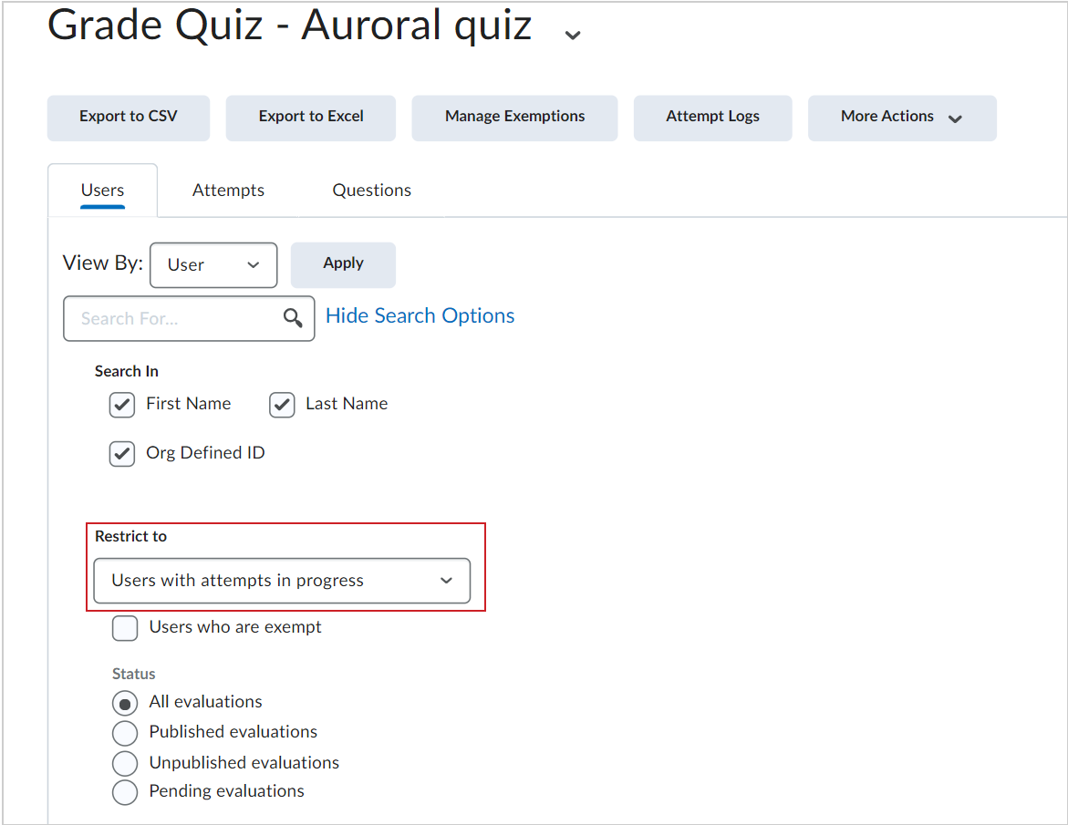 Manage quizzes with learner attempts - Brightspace