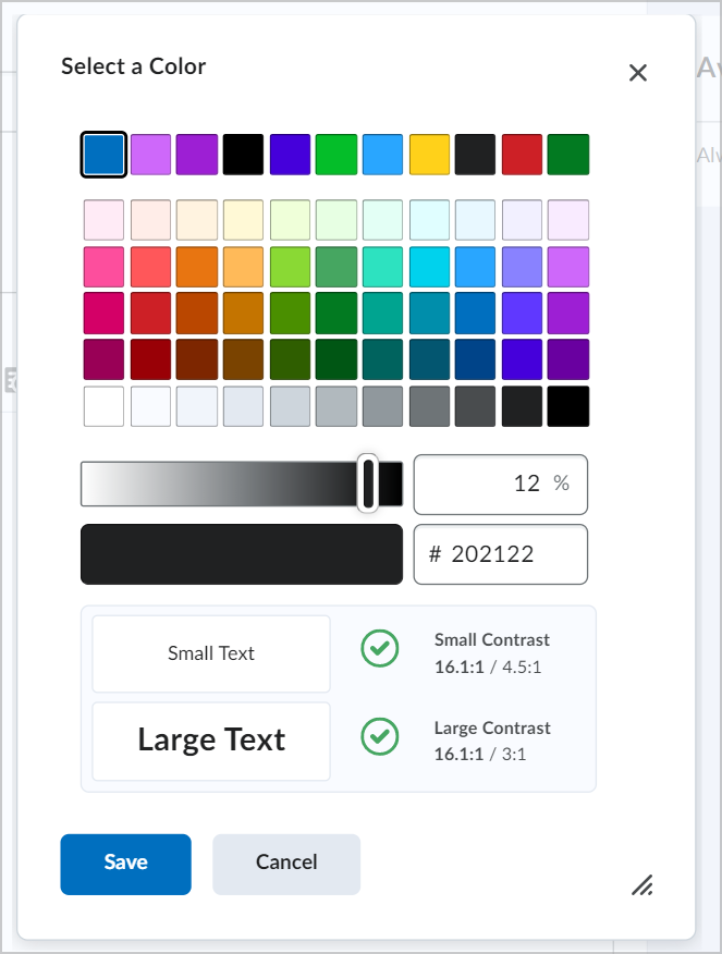 The color picker showing options for selecting a color or entering a hex code, with text previewed