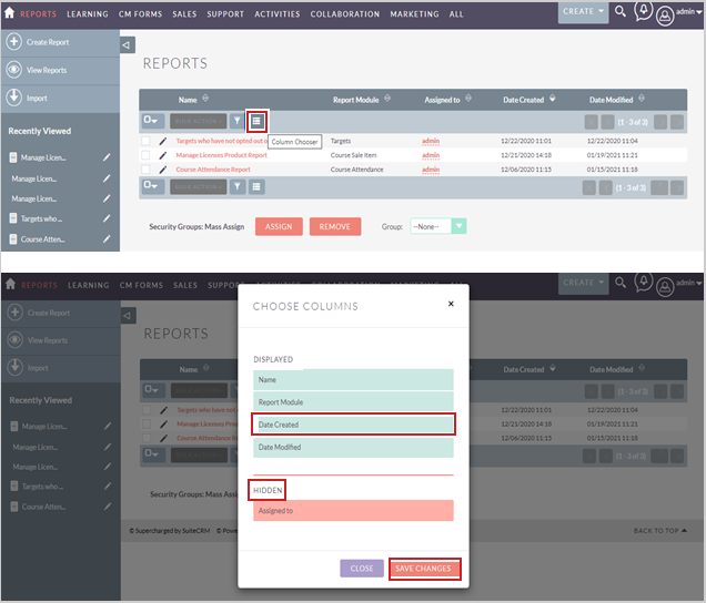 The Column Chooser button and Choose Columns dialog on the Reports page