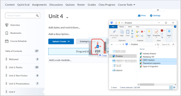 The Dropbox file picker dialog. A file is being dragged into a Content module from the dialog.