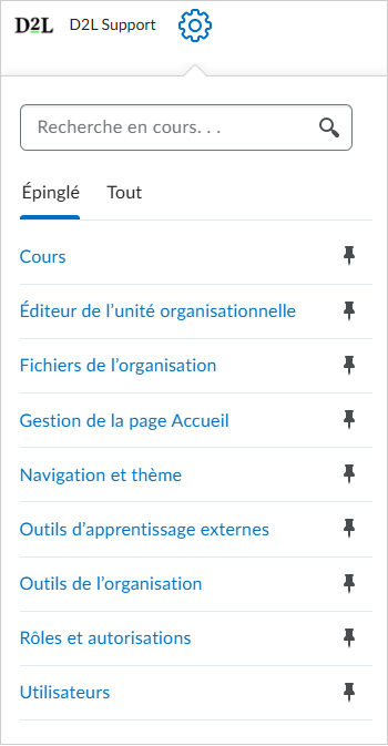 L’onglet Épinglé(s) du nouveau menu Outils d’administration.