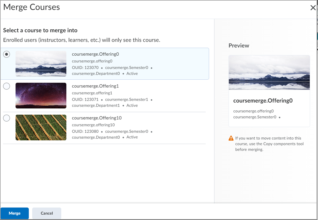 Use the filters or browse to find and select the courses you want to merge.