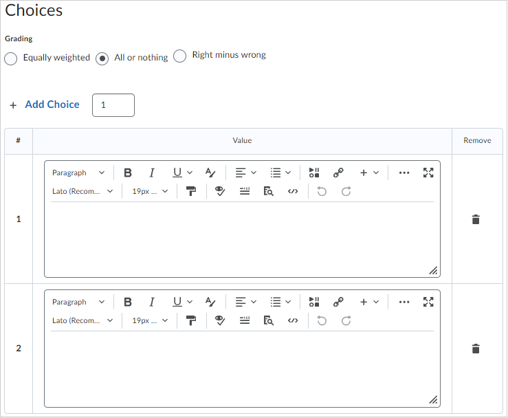 The Choices area of the Matching creation page.