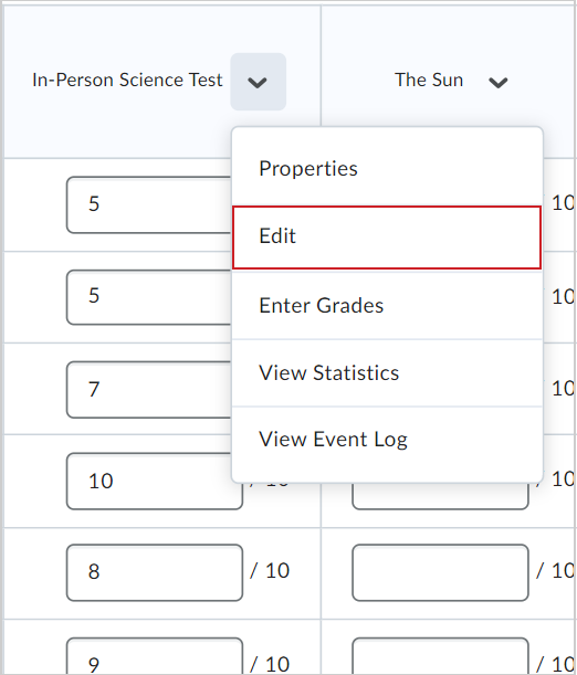 The context menu for a grade item showing the Edit option