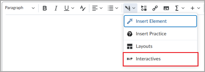 De werkbalk van de Brightspace® Editor met het vervolgkeuzemenu Invoegen uitgevouwen. De optie Interactives is gemarkeerd met een rode rand.
