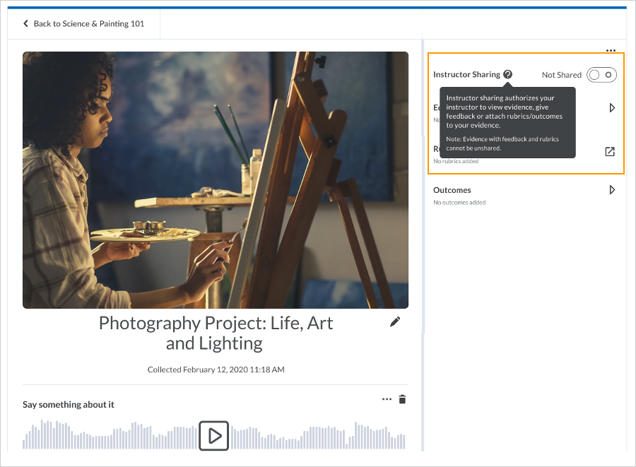 The Instructor Sharing toggle on evidence details in Brightspace Portfolio