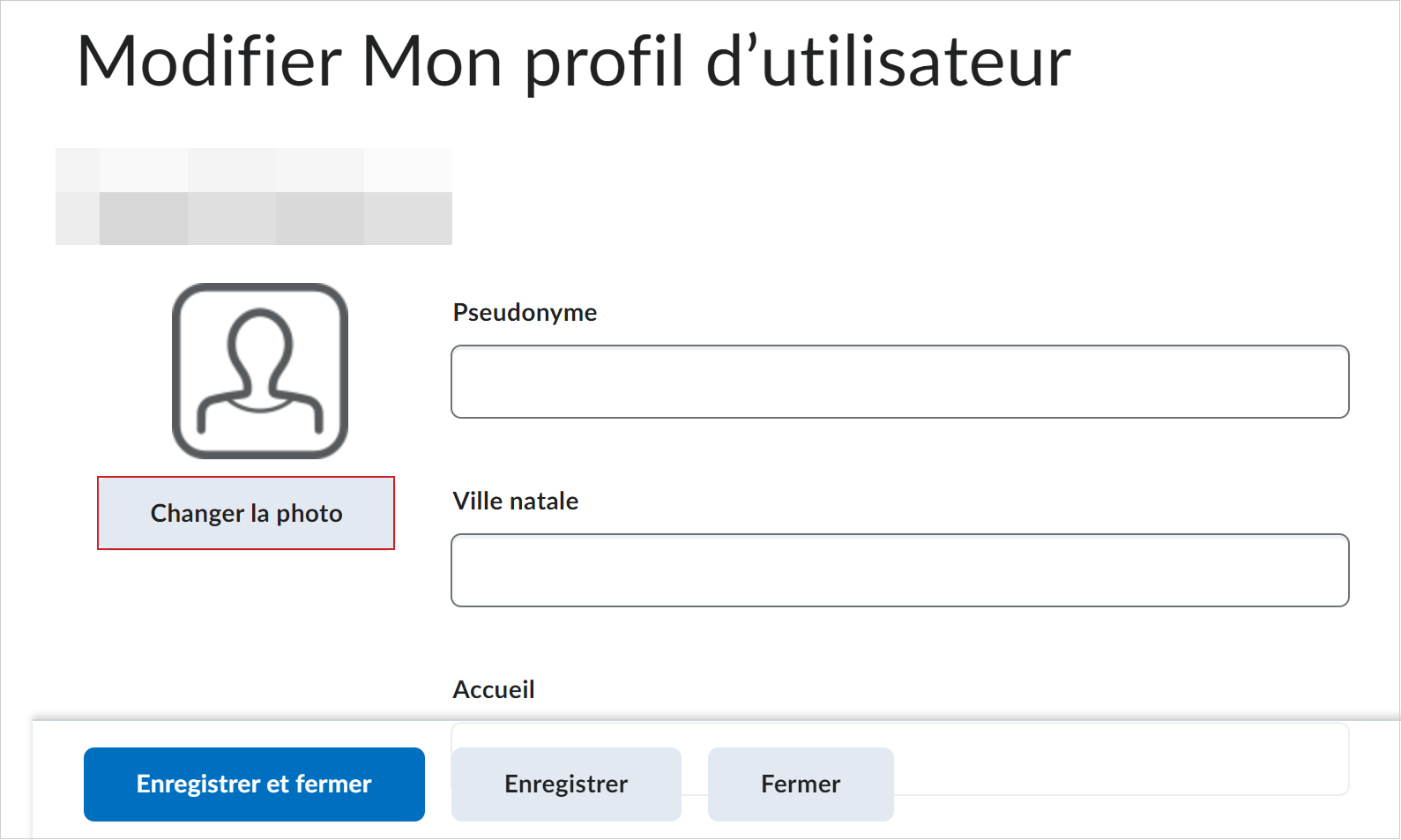 La page Modifier mon profil d’utilisateur, sur laquelle le bouton Changer la photo est mis en évidence.