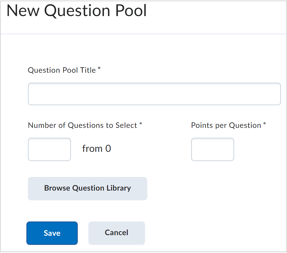 The Question Pool Title Field, the Number of Questions to Select field, and Points per Question field in the New Question Pool dialog. The Browse Question Library and Save buttons are visible.