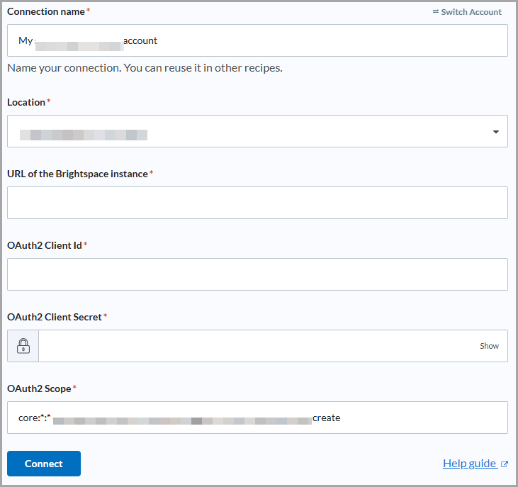 Le formulaire de configuration de la connexion Workato_D2L_Connector.png" alt="Workato pour Brightspace nécessite le nom de connexion, l'emplacement, l'URL de l'instance, les identifiants OAuth2 et la portée.