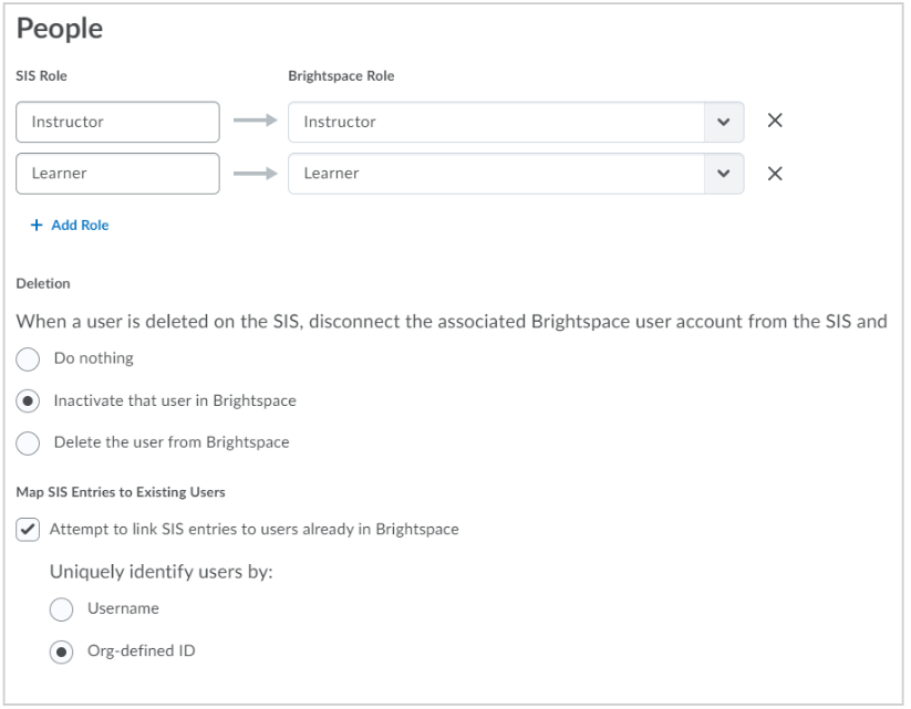 A área Pessoas da página Configurar sua integração permite mapear funções do SIS para o Brightspace.