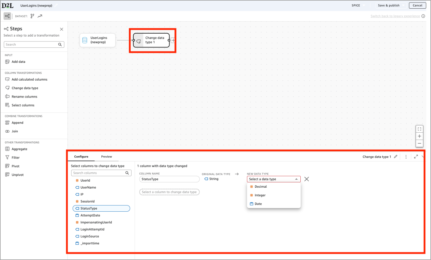Analytics Builder showing Change data type step with StatusType column selected and New data type dropdown open.