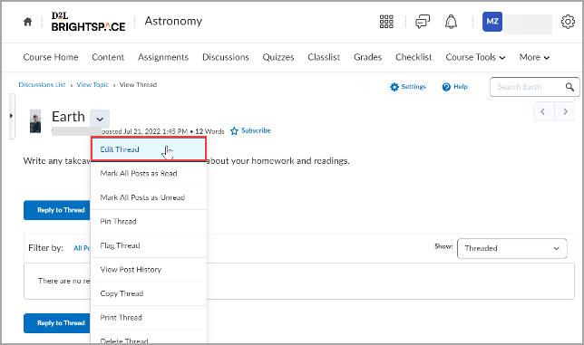 Um exemplo de seleção de um determinado encadeamento de discussão para editar um encadeamento