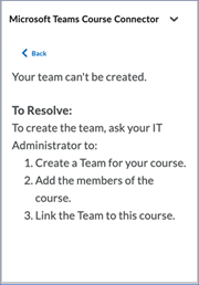 The "Your team can't be created" error message with steps to resolve the issue.