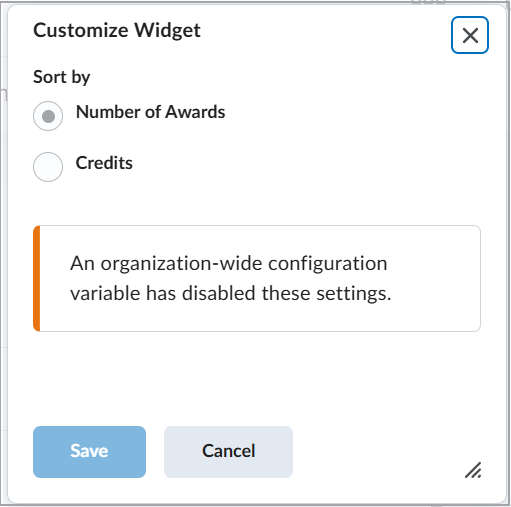 Na exibição Instrutor da caixa de diálogo Personalizar Widget, as opções de Classificar por são desativadas e uma mensagem informa: Uma variável de configuração em toda a organização desativou estas configurações.